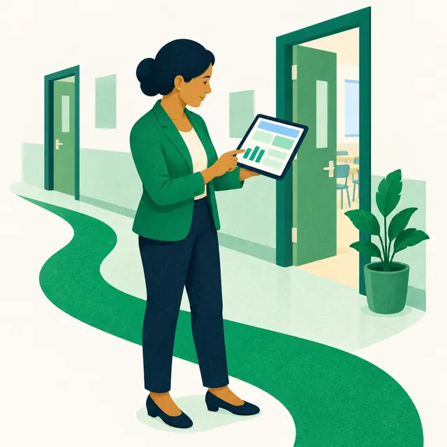 Ilustración de una mujer de saco verde con una tableta, de pie junto a una puerta