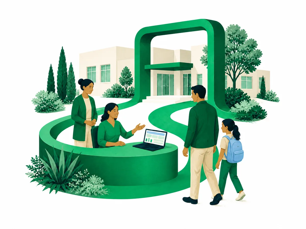 Ilustración de la entrada de un colegio con un arco verde, familias caminando y plantas