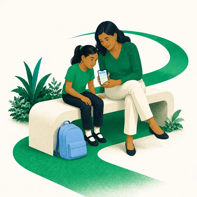 Ilustración de una mujer y una niña mirando un celular juntas, sentadas en un banco con una mochila azul
