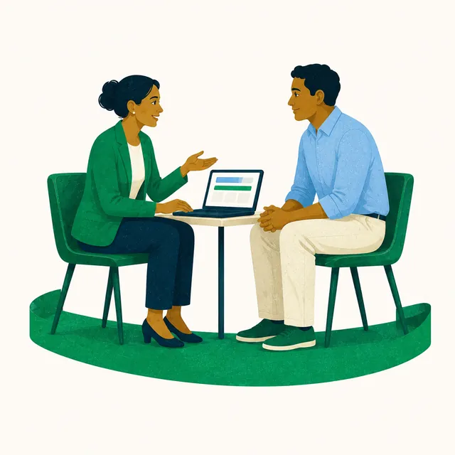 Ilustración de una mujer de saco verde y un hombre de camisa azul conversando en una mesa