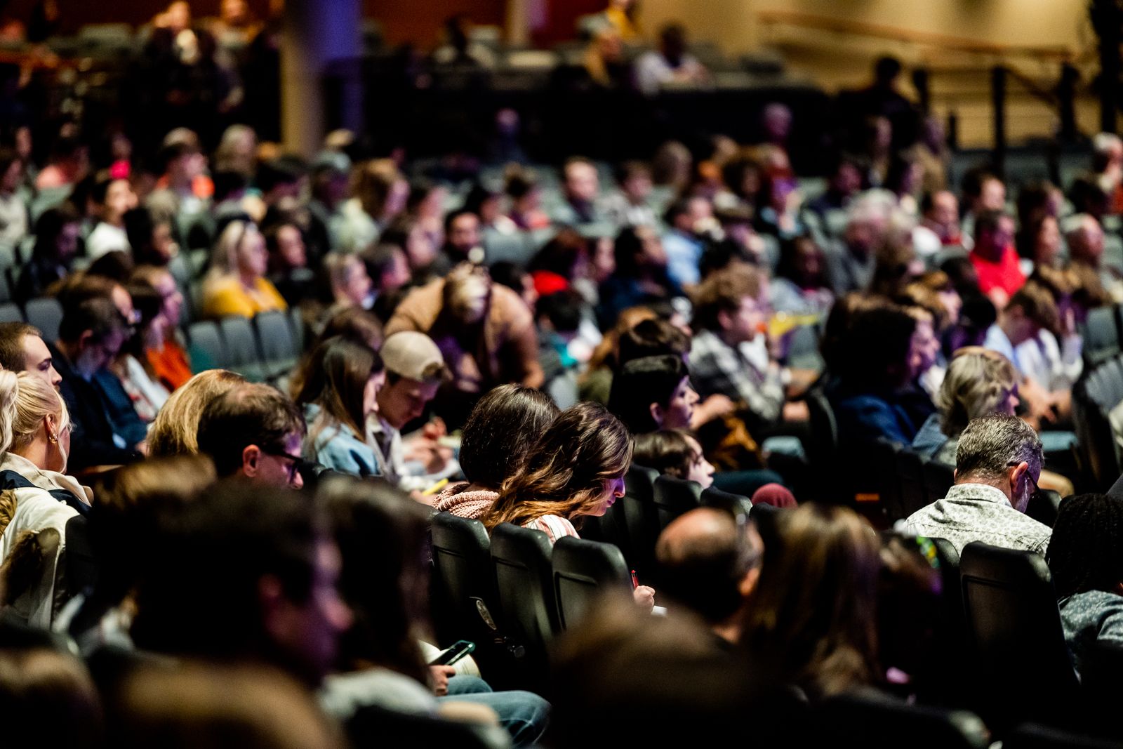 Asistentes sentados en un auditorio, de espaldas, mirando hacia el escenario