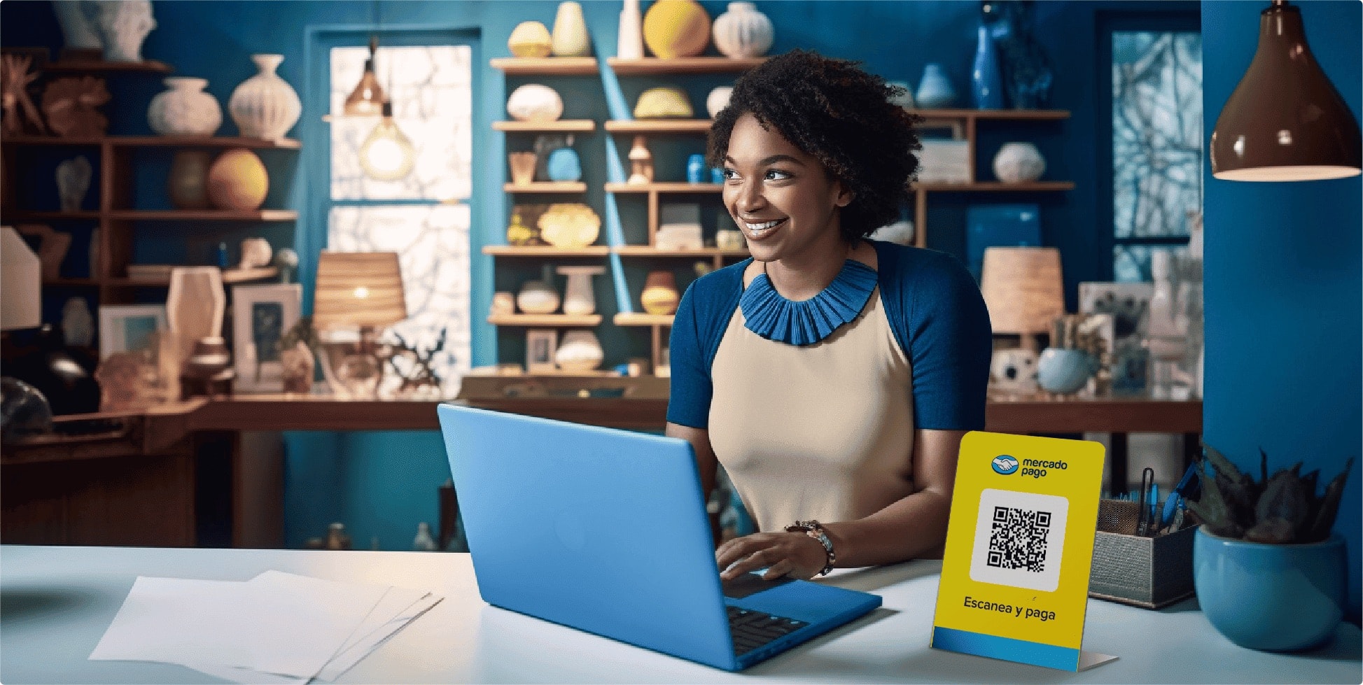 Soporte amarillo con el código QR de Mercado Pago y el texto Escanea y paga, sobre el mostrador de un comercio